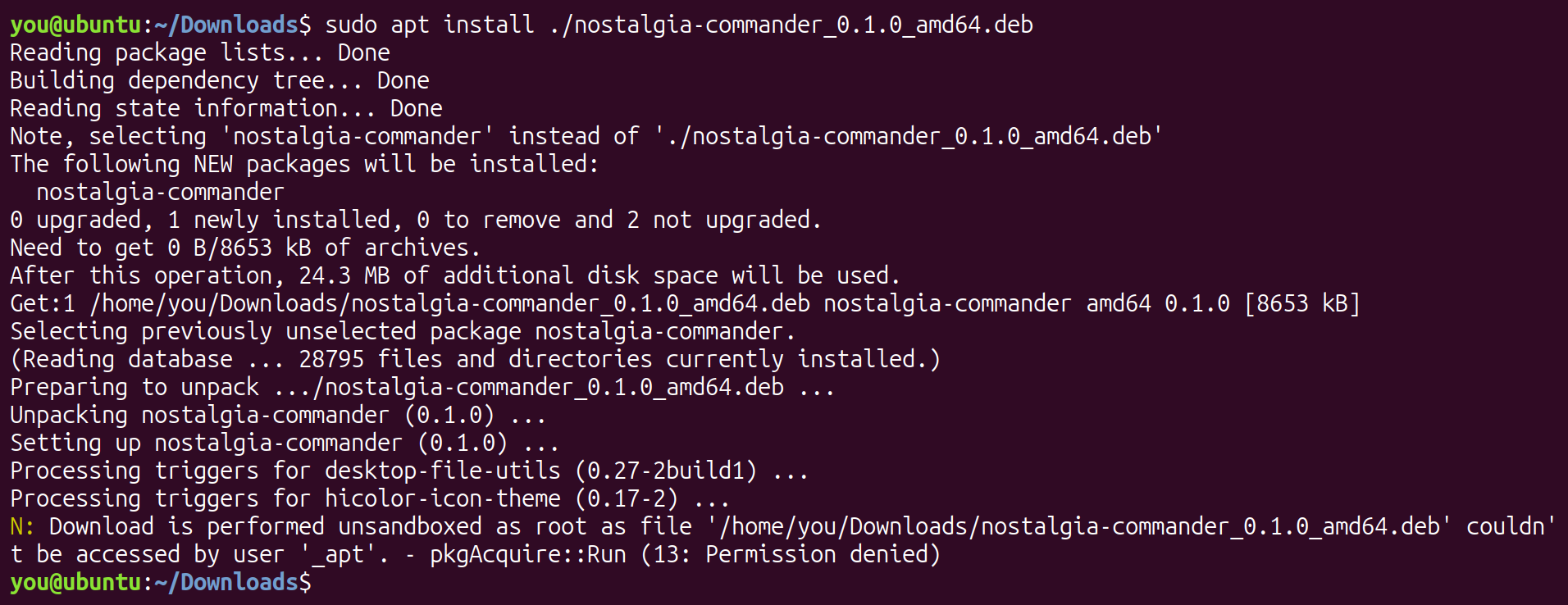 apt installing the package in a terminal