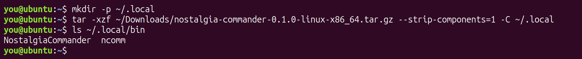 The archive unpacked into ~/.local