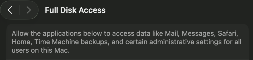 The Full Disk Access page of System Settings