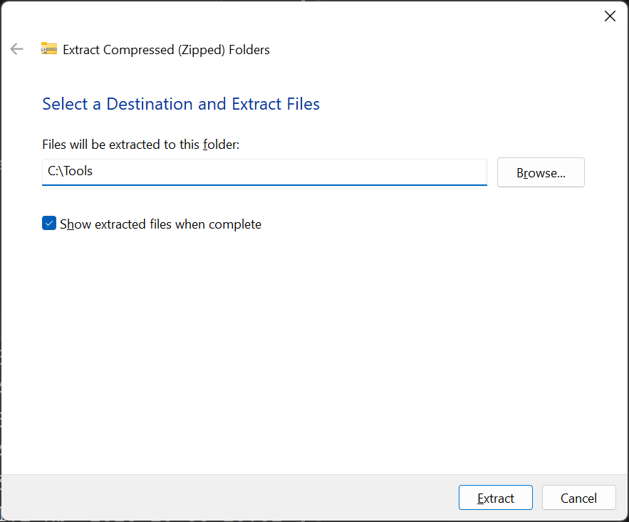 The destination changed to C:\Tools