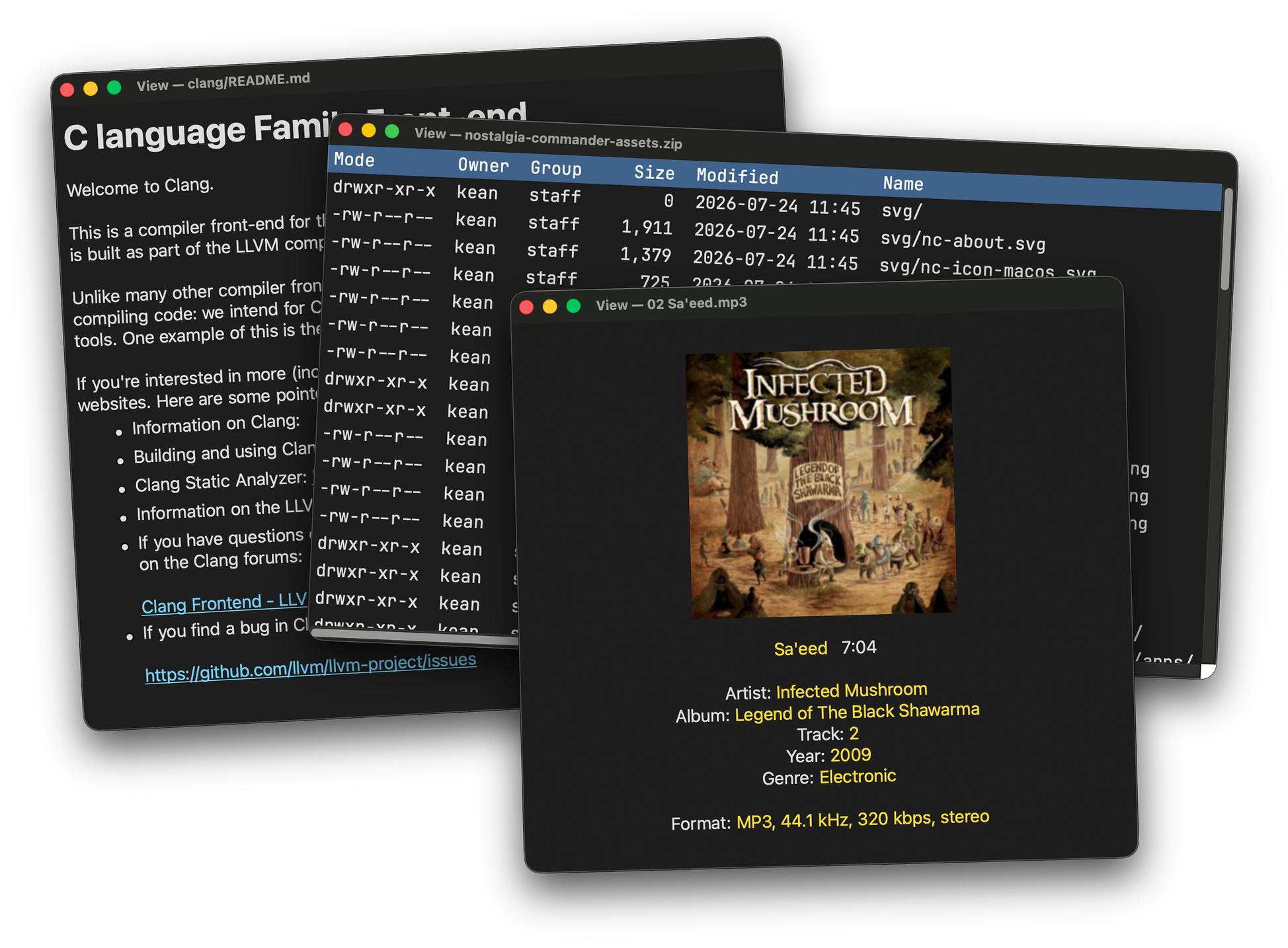 Markdown, archive listing and audio viewers stacked