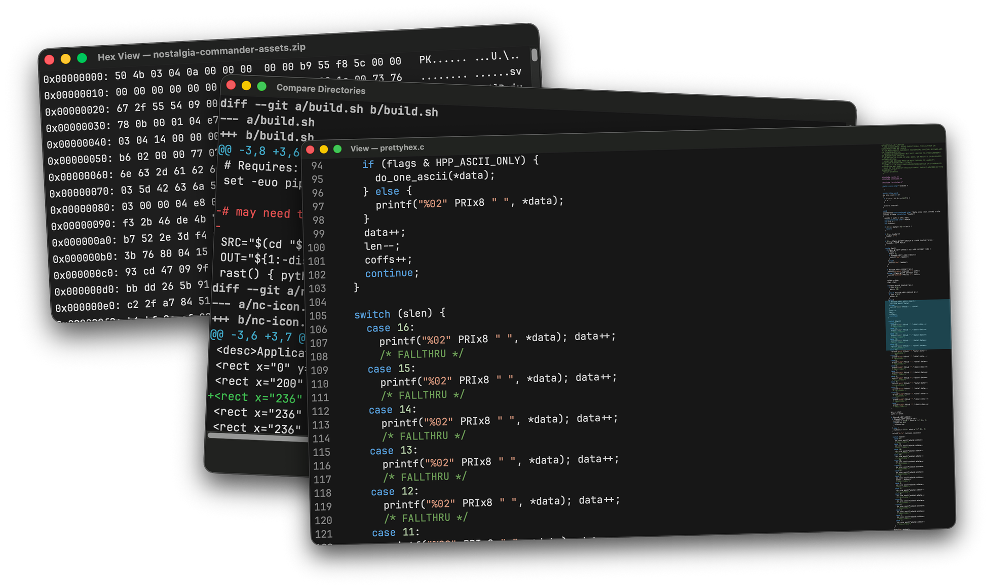 Hex, directory compare and source viewers stacked